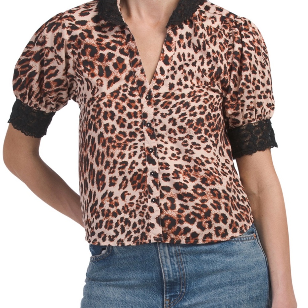 Us Together Leopard Print Blouse with Black Lace NWT